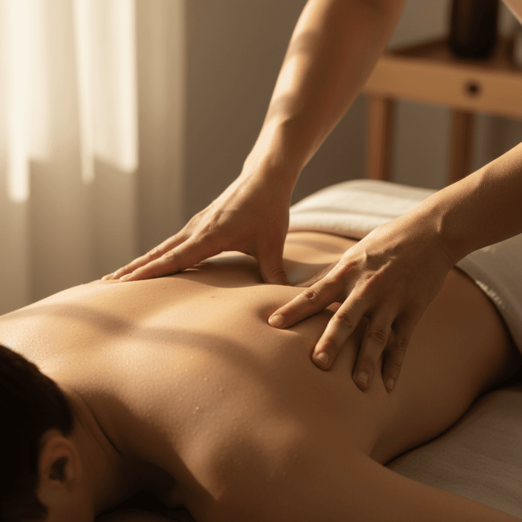 Massage therapist's hands working on a client's back